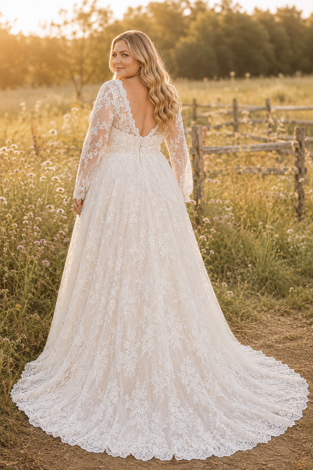 Ivory Plus Size Long Sleeve Lace A-Line Wedding Dress with V-Neck Bodice and Chapel Train back view