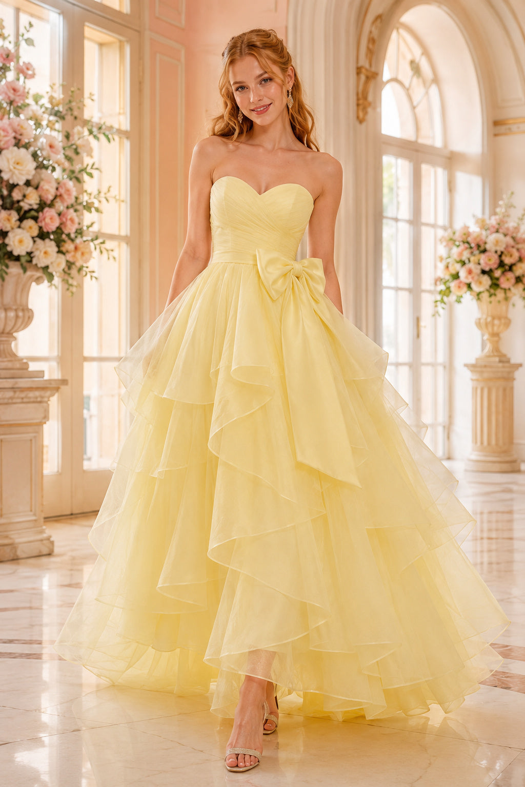 Daffodil Yellow Strapless Ball Gown with Large Bow and Layered High-Low Tulle Skirt front view