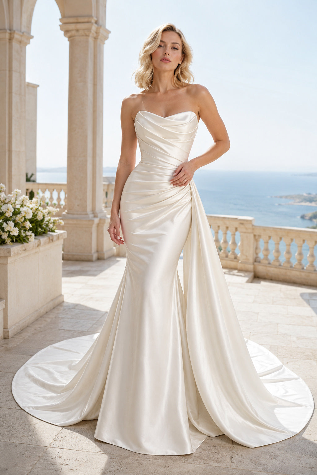 Satin Wedding Dress Mermaid Strapless Sweetheart Sweep Train Bridal Gown Style 721254 front view