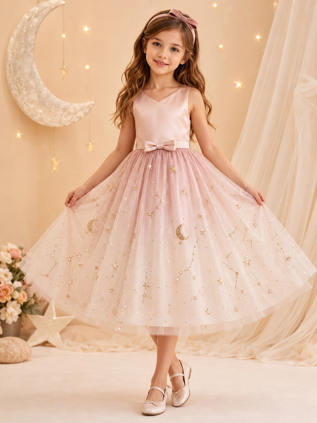 Flower Girl Dress A-Line Blush Moon Star Tulle Sleeveless Evening front view