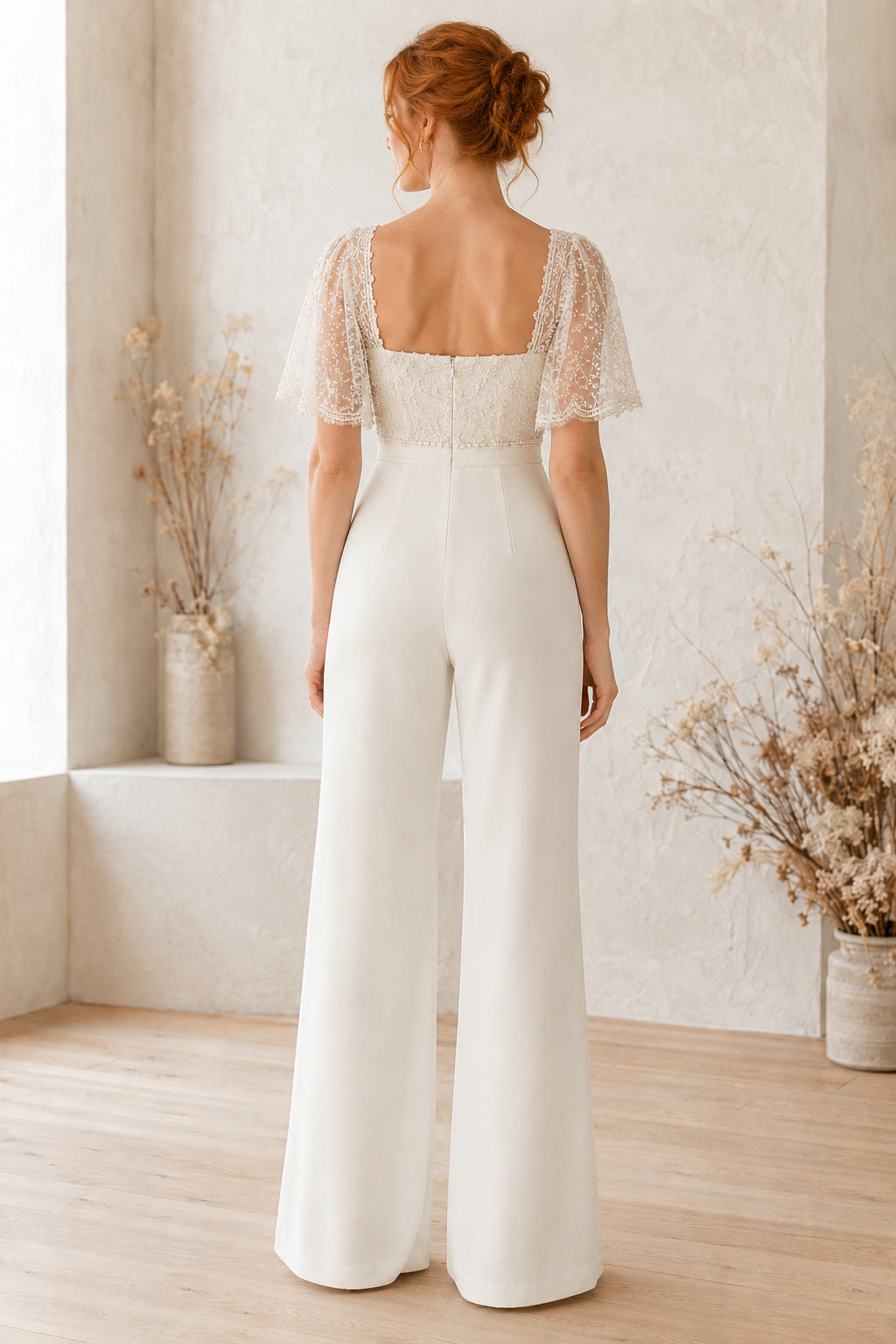 Ivory Square Neck Puff Sleeve Lace Satin Floor-Length Bridal Jumpsuit with Puff Lace Sleeves and Sash Detail back view