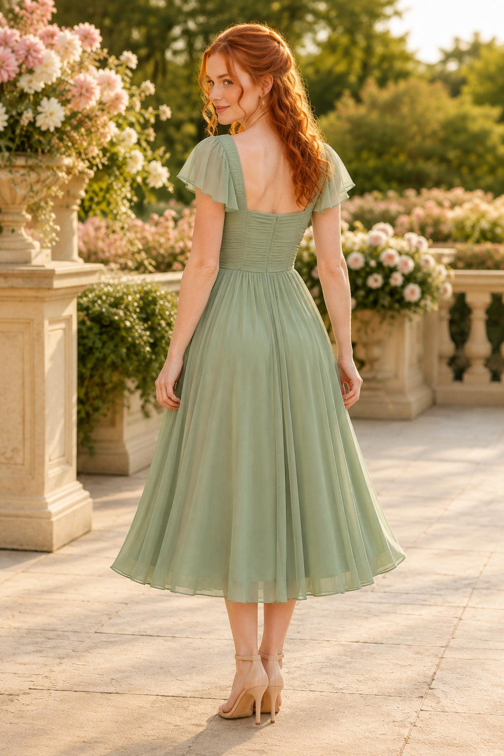 Sage Square Neck Chiffon Tea-Length Bridesmaid Dress with Flutter Sleeves back view