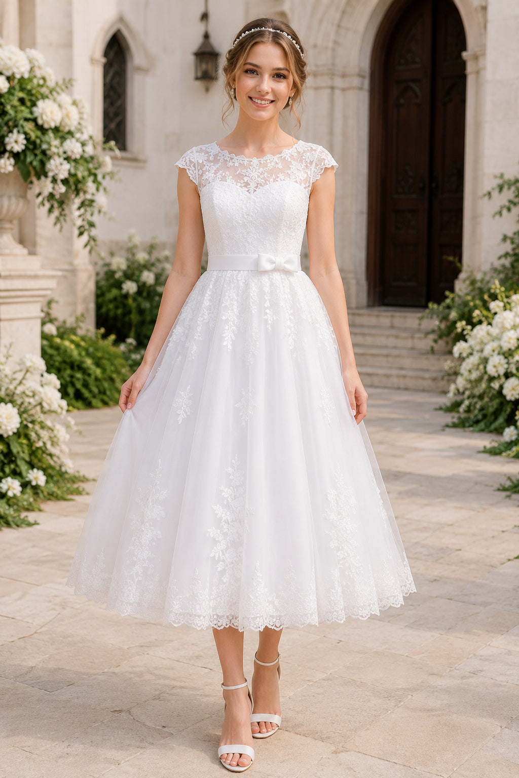 Ivory Cap Sleeve Lace Illusion Bodice with Soft Tulle Skirt Tea Length A-Line Wedding Dress front view