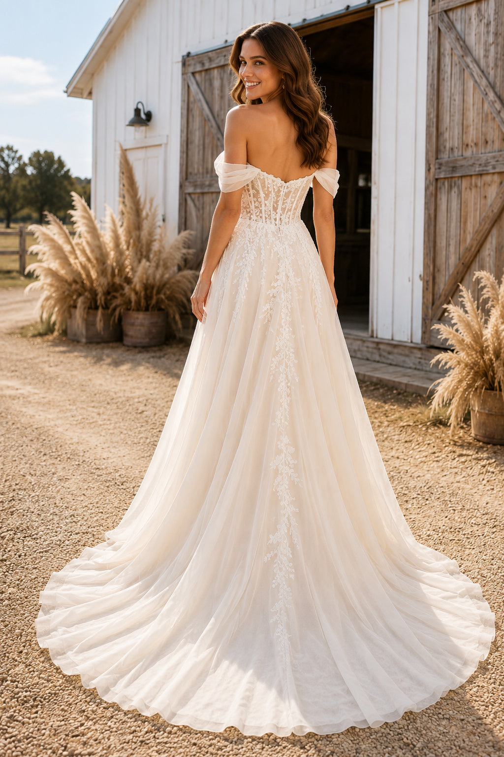 Ivory Off-the-Shoulder Lace A-Line Wedding Dress with Sweetheart Bodice and Train back view