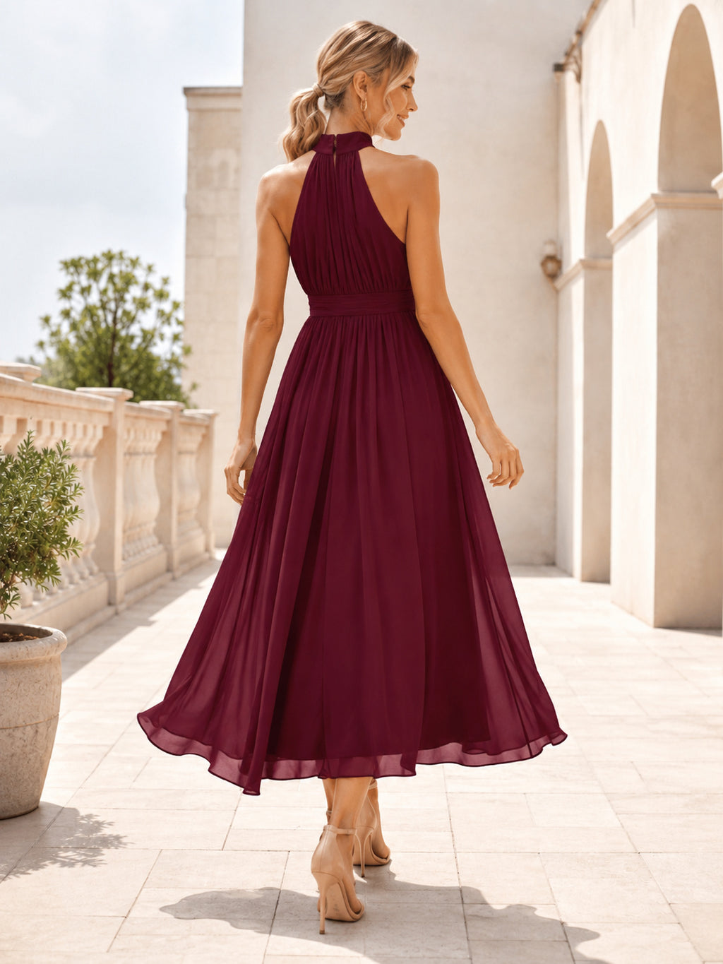 Burgundy Halter Chiffon Tea Length A Line Formal Guest Dress back view