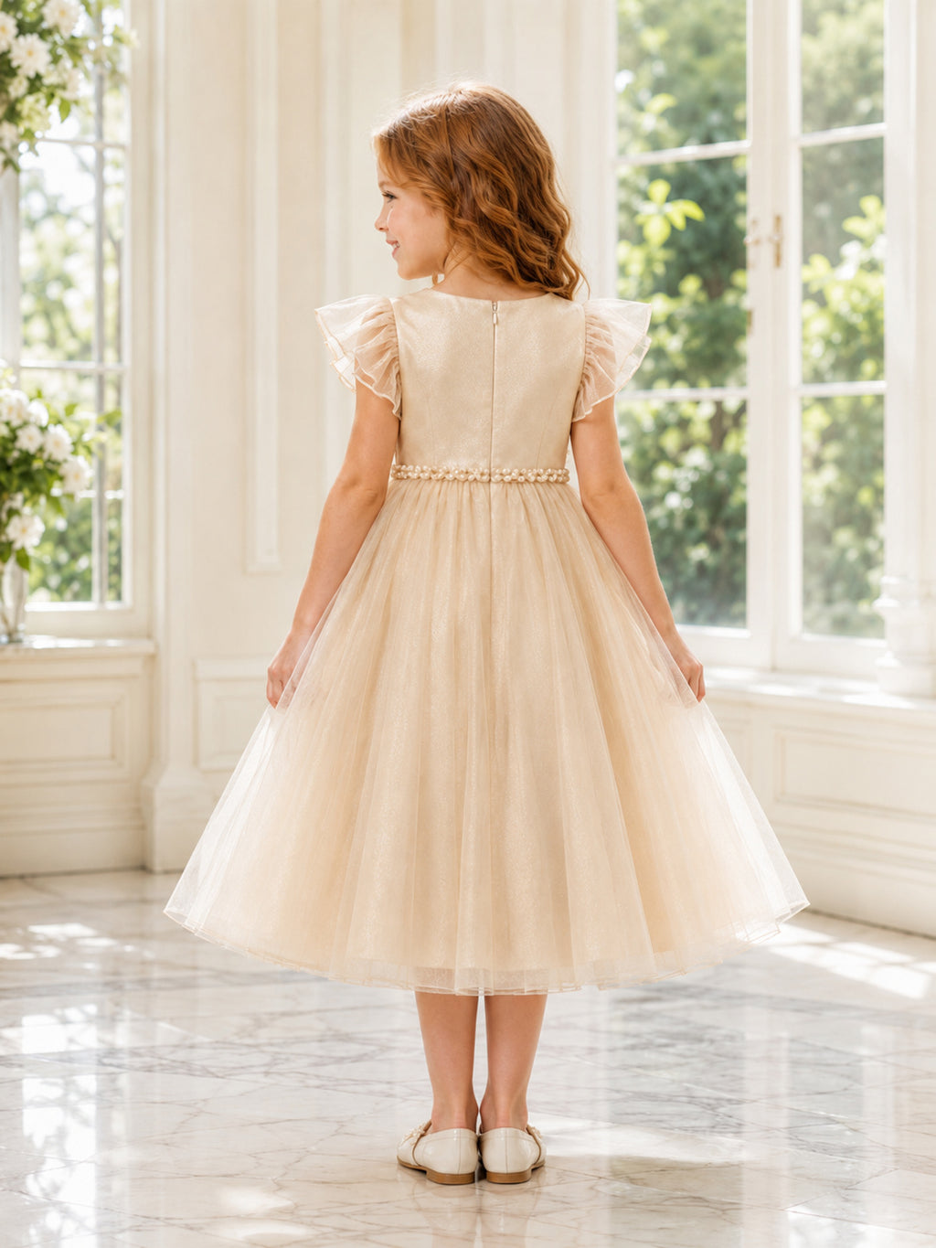 Elegant A-Line Flower Girl Champagne Tulle Knee-Length Flutter Sleeve Jewel Neck Sash Dress back view