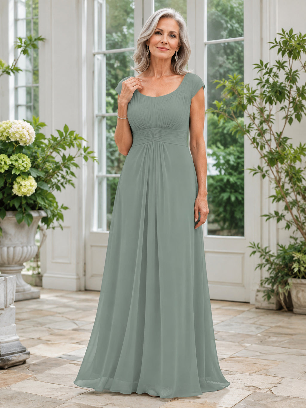 Dusty Sage Floor-Length A-Line Simple Mother of the Bride Gown with Scoop Neck Sleeveless Bodice and V-Back front view