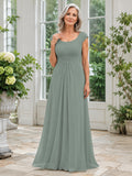 Dusty Sage Floor-Length A-Line Simple Mother of the Bride Gown with Scoop Neck Sleeveless Bodice and V-Back front view