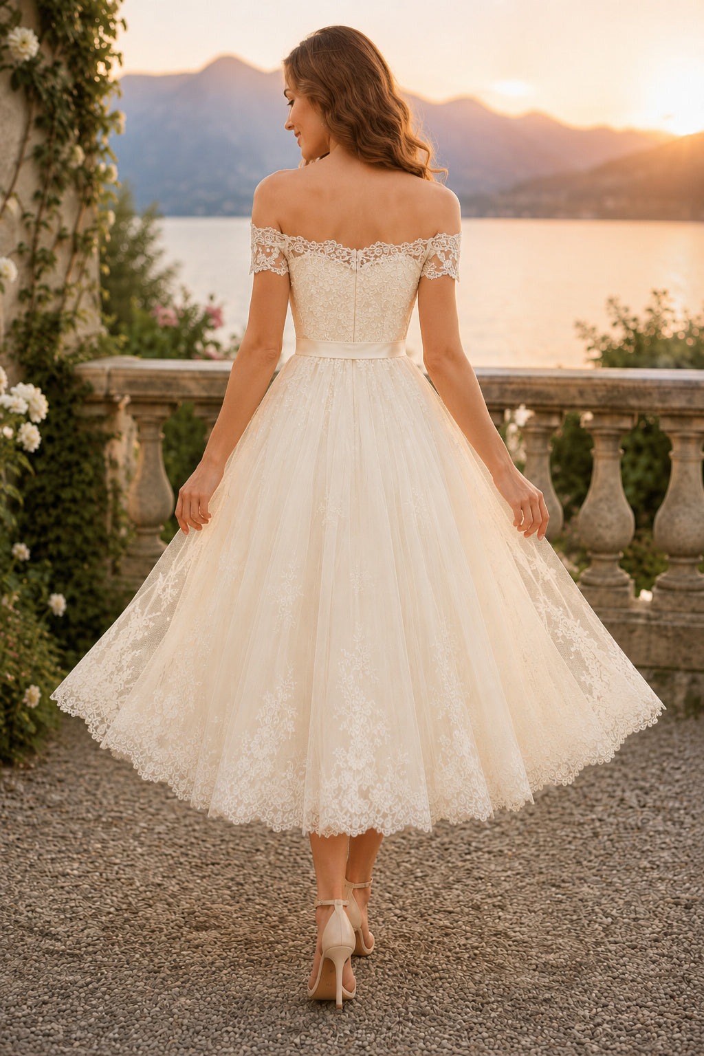 Ivory Off-the-Shoulder Tea-Length Wedding Dress with Lace Bodice and Bow back view