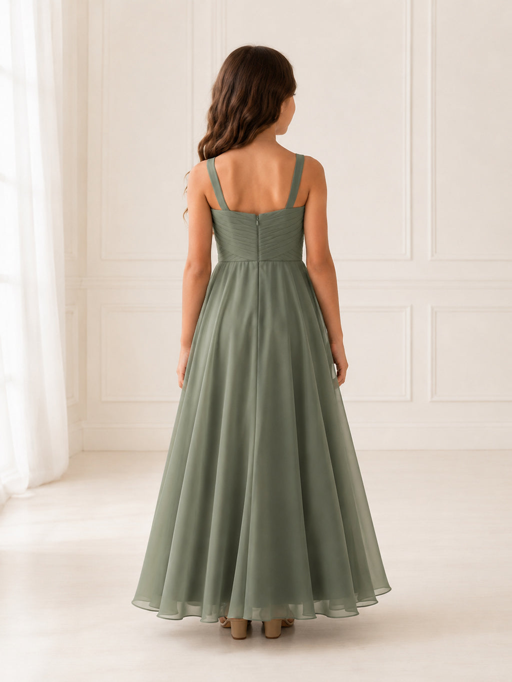 Flower Girl Dress Sage Chiffon A-Line Sleeveless V-Neck Floor Length back view