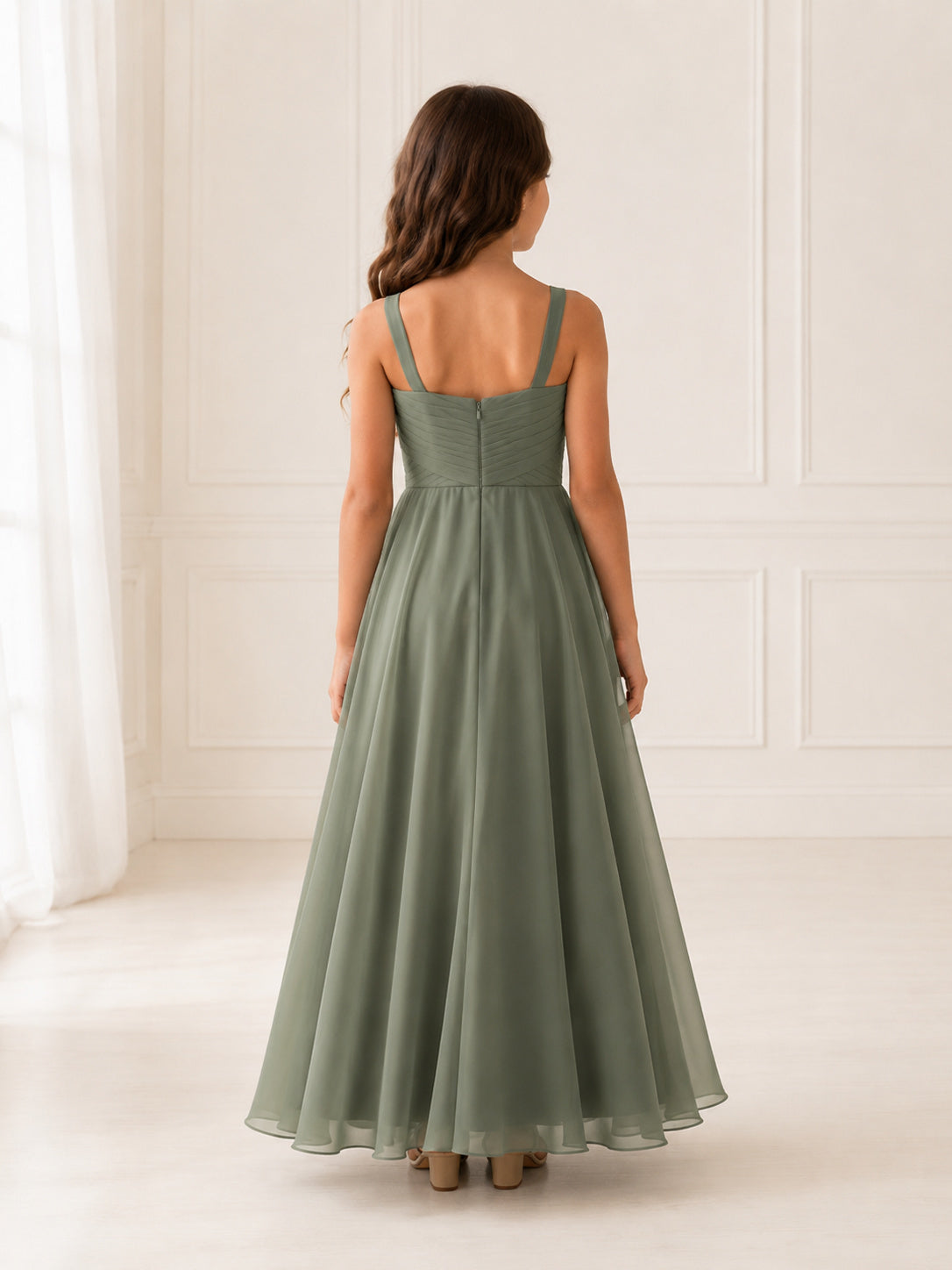 Flower Girl Dress Sage Chiffon A-Line Sleeveless V-Neck Floor Length back view