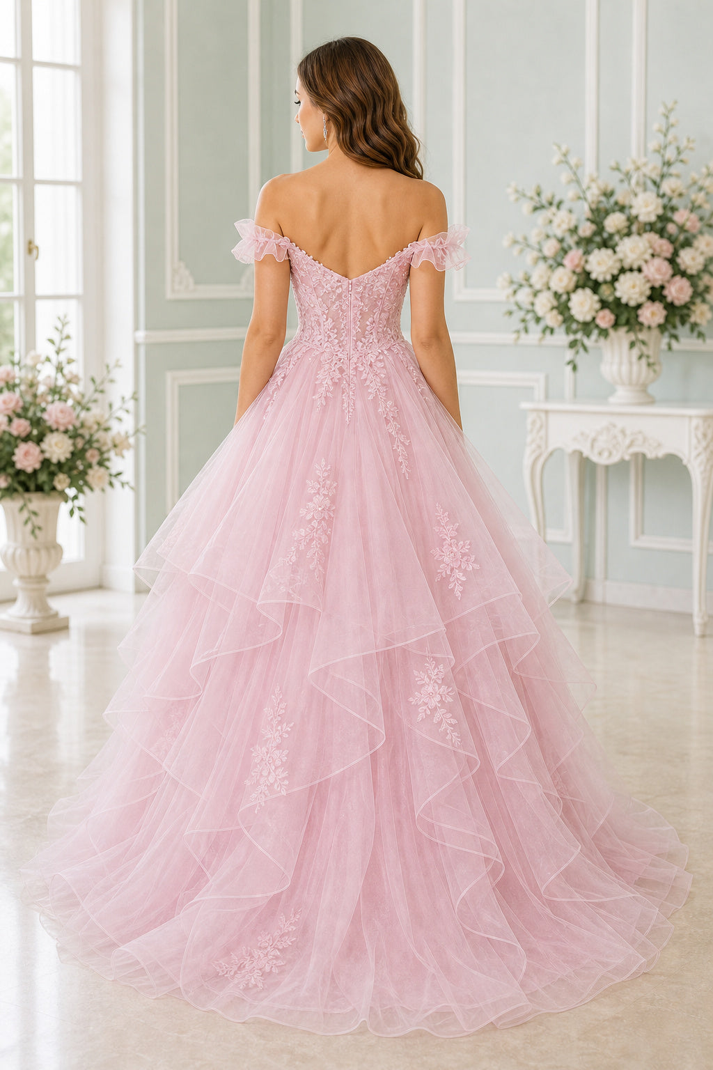 Blush Off-the-Shoulder Ball Gown Tulle Floor-Length Dress With Layered Ruffles