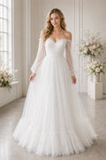 White V-neck Long Sleeves A-Line Lace Floor-length Wedding Dress With Lace and Open Back Lace Hem Detail