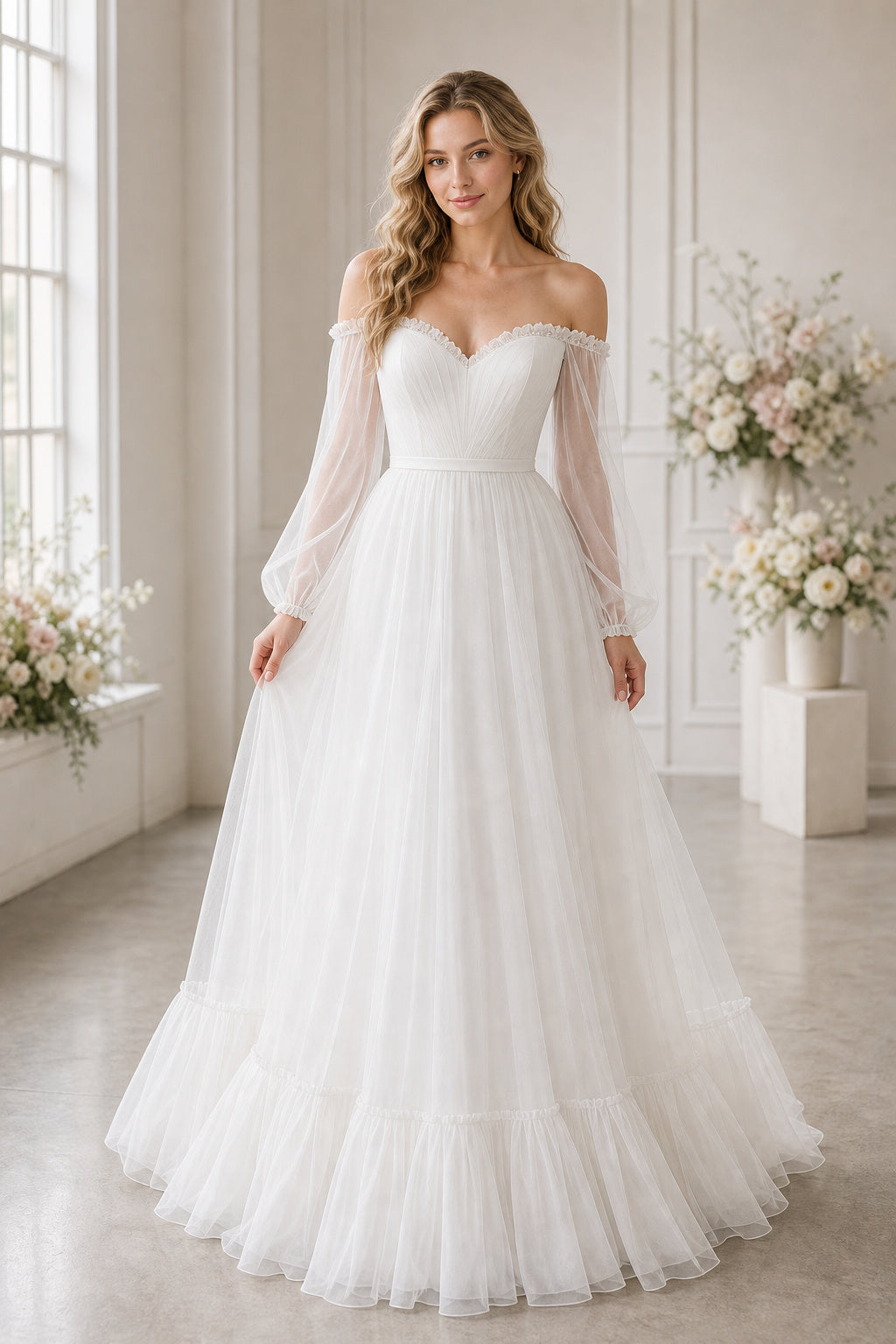 White V-neck Long Sleeves A-Line Lace Floor-length Wedding Dress With Lace and Open Back Lace Hem Detail