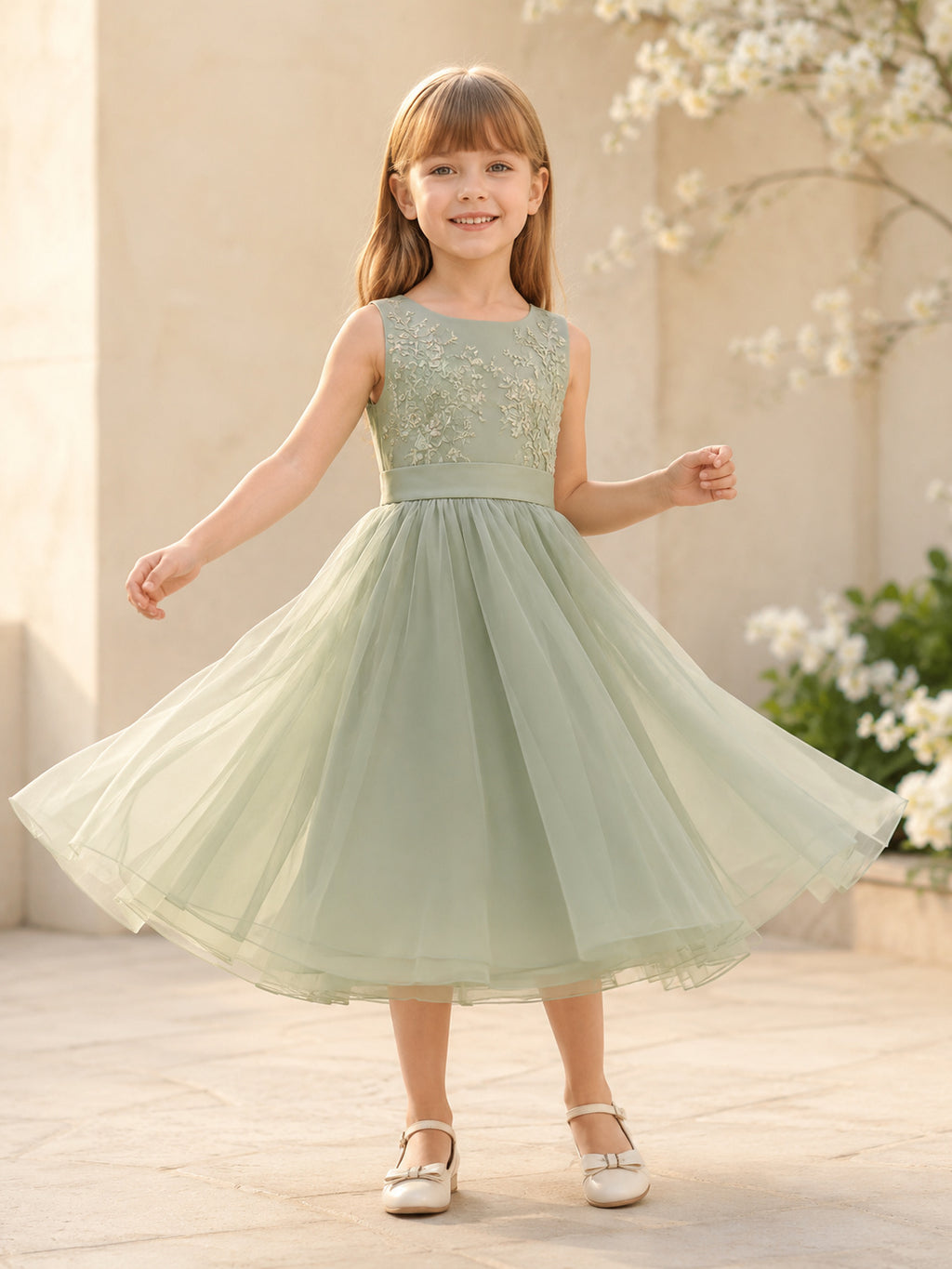 Flower Girl Dress Sage Tulle A-Line Sleeveless Jewel Neck Tea Length Bow Back front view