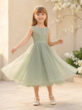 Flower Girl Dress Sage Tulle A-Line Sleeveless Jewel Neck Tea Length Bow Back front view
