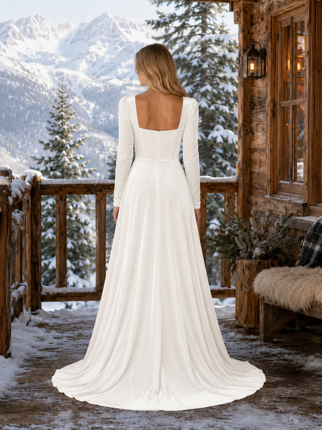 Square Neck Long Sleeve Winter Cabin Satin Elopement Gown back view