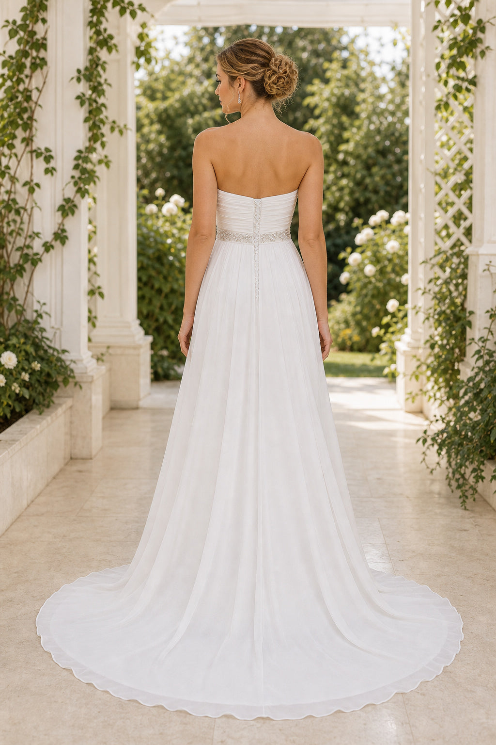 White Strapless A-Line Satin Floor-length Wedding Dress With Pleats and Train
