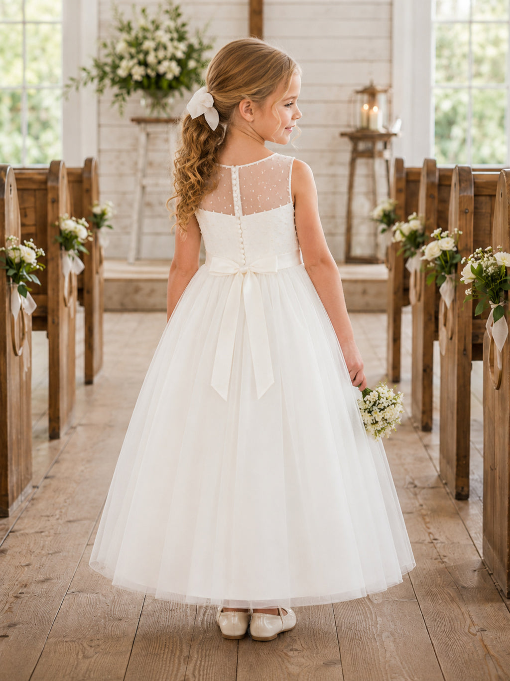 Ivory Flower Girl Dress Ankle-Length Beaded Tulle Ball Gown Illusion Bateau Sleeveless Button Back Satin Bow back view