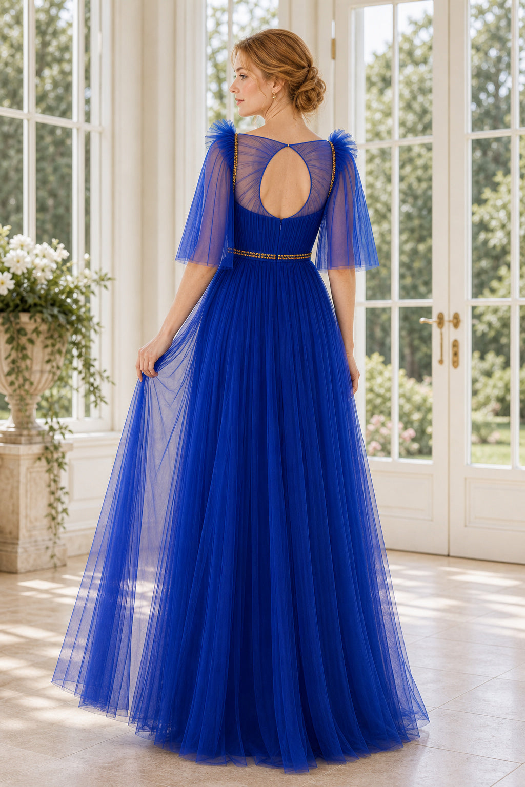 Royal Blue Sweetheart A-Line Tulle Floor-Length Dress With Sheer Puff Sleeves