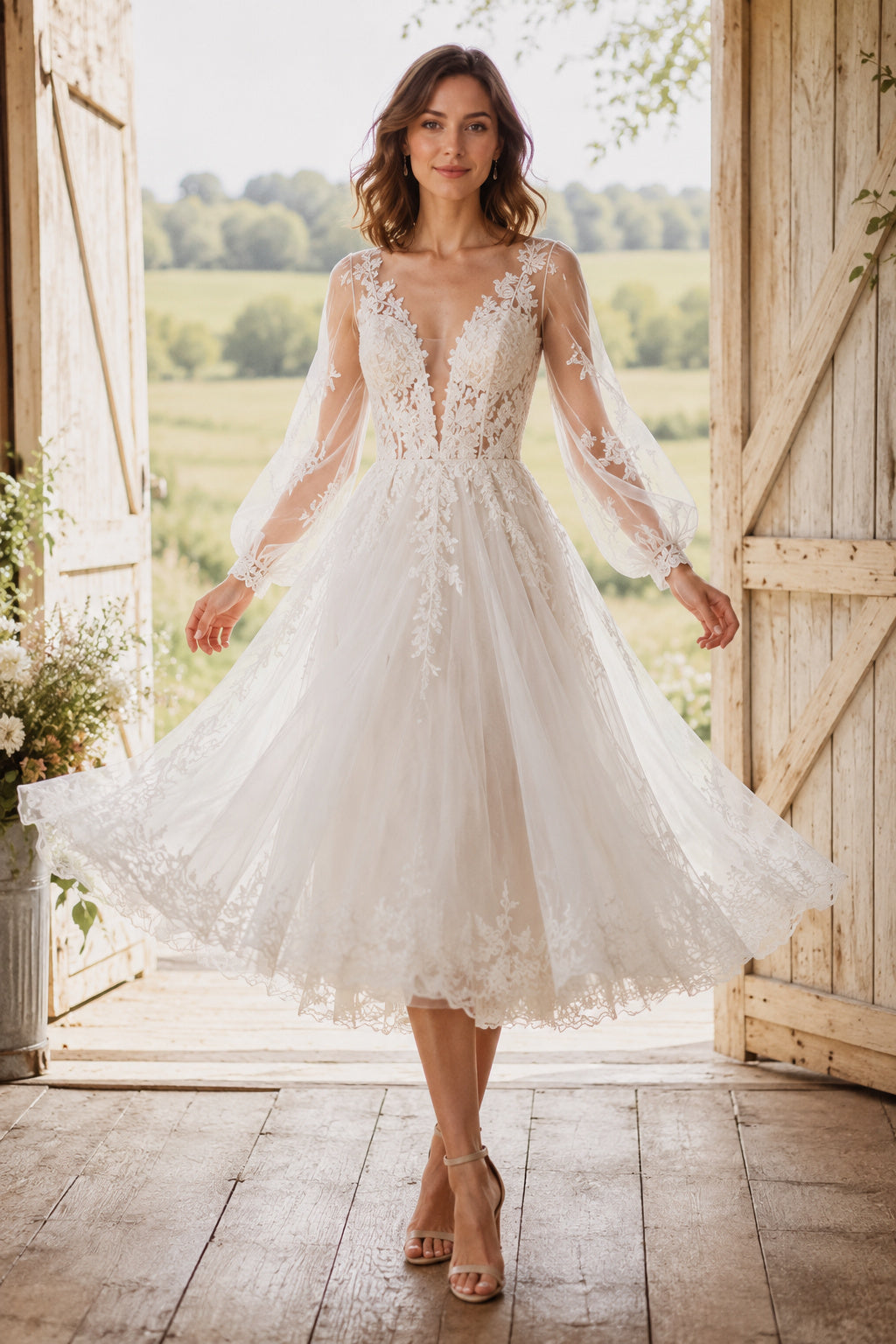 Ivory V-Neck Long Sleeve Lace Tulle Tea-Length Wedding Dress with Deep V Lace Bodice and Tulle Skirt front view
