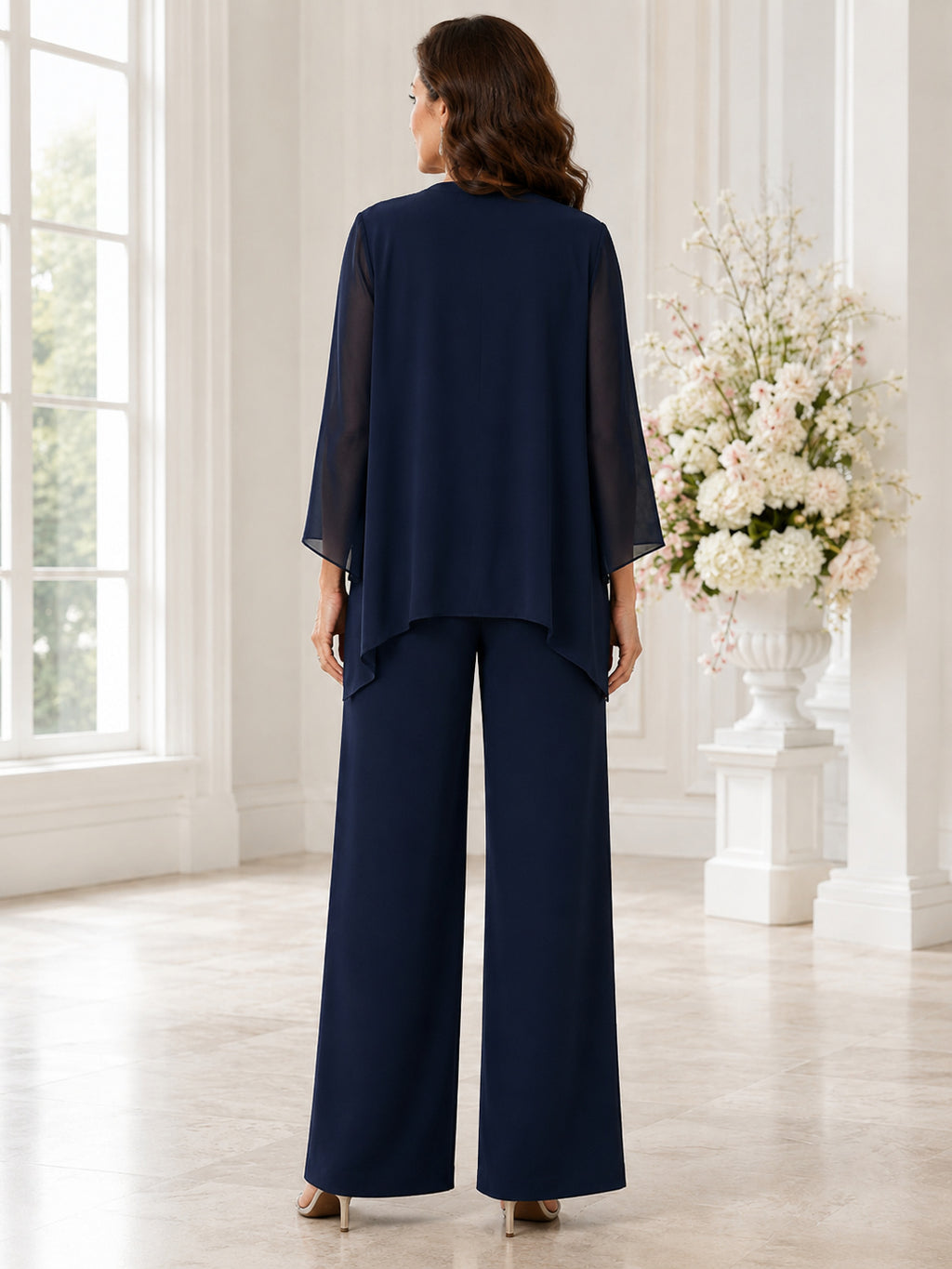 Mother Dark Navy Chiffon Pantsuit with V-Neck Draped Jacket and Wide Leg Pants back view