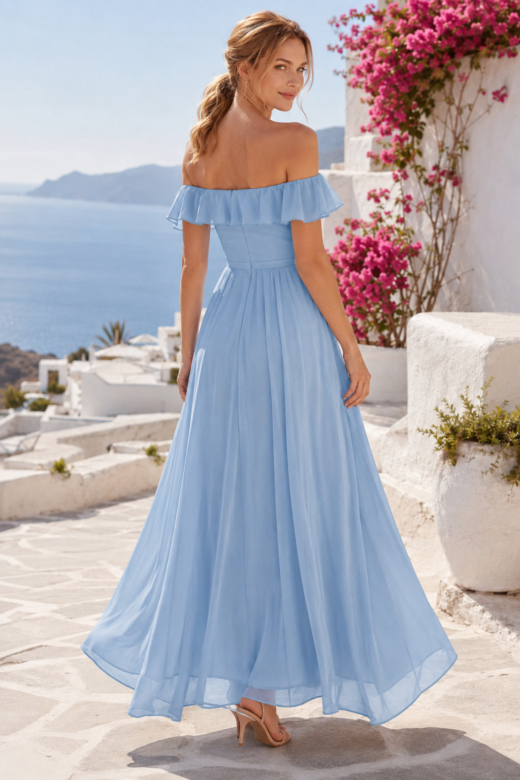 Sky Blue Summer Wedding Guest Sheath Dress back view