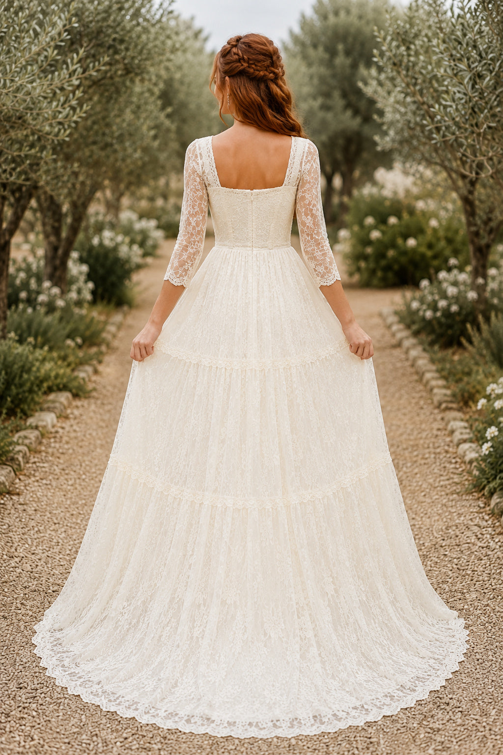 Square Neck Three Quarter Sleeve Tiered A-Line Wedding Dress with Lace Skirt for Beach Garden Ceremony back view