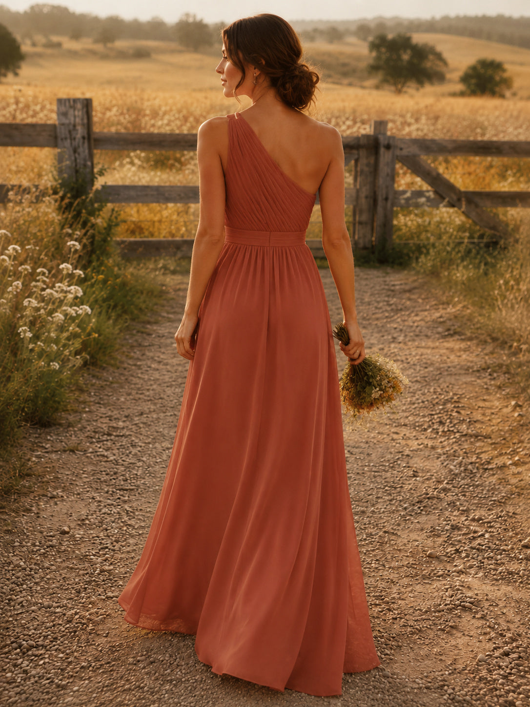 Terracotta Chiffon A-Line One-Shoulder Sleeveless Pleated Open Back Floor-Length Bridesmaid Dress back view