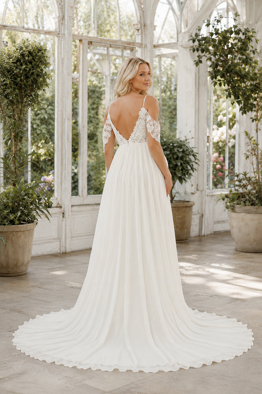 Ivory V-Neck Cap Sleeve Maternity Wedding Dress with Flowing Chiffon Train back view