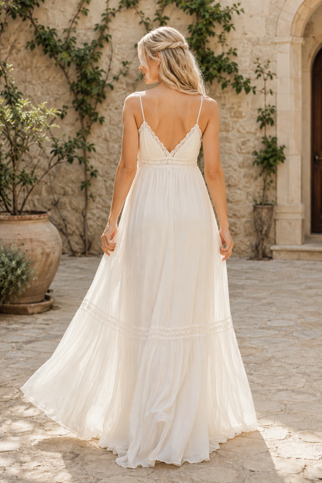 Ivory Maternity V-Neck Spaghetti Strap Chiffon A-Line Wedding Dress with Tiered Skirt back view