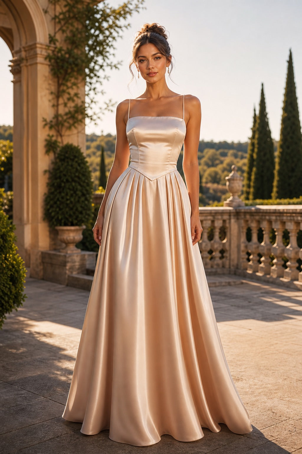 Champagne Strapless Floor-Length Satin Ball Gown