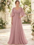 Elegant Dusty Rose V Neck Cape Flutter Chiffon Mother Wedding Gown front view