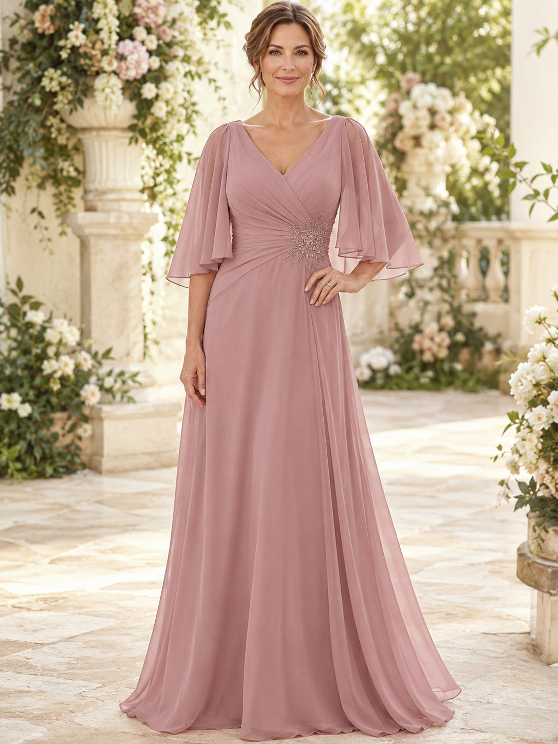 Elegant Dusty Rose V Neck Cape Flutter Chiffon Mother Wedding Gown front view