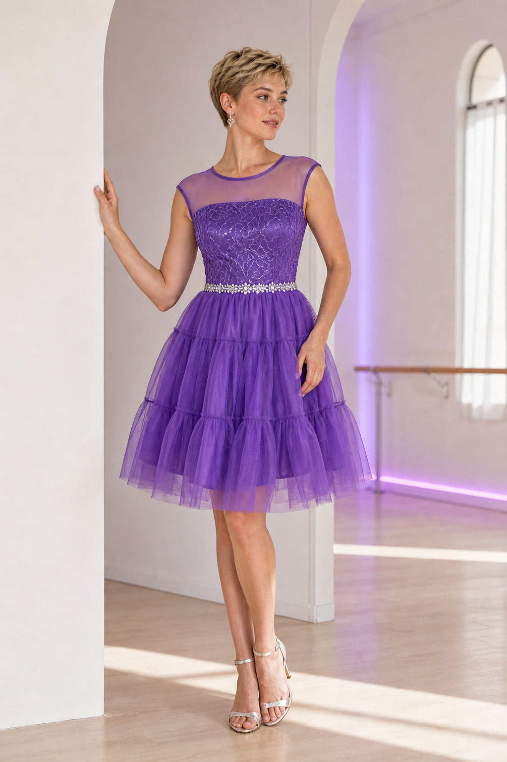 Purple Illusion Bateau Sleeveless Short Tulle Dress With Beaded Waist