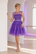 Purple Illusion Bateau Sleeveless Short Tulle Dress With Beaded Waist