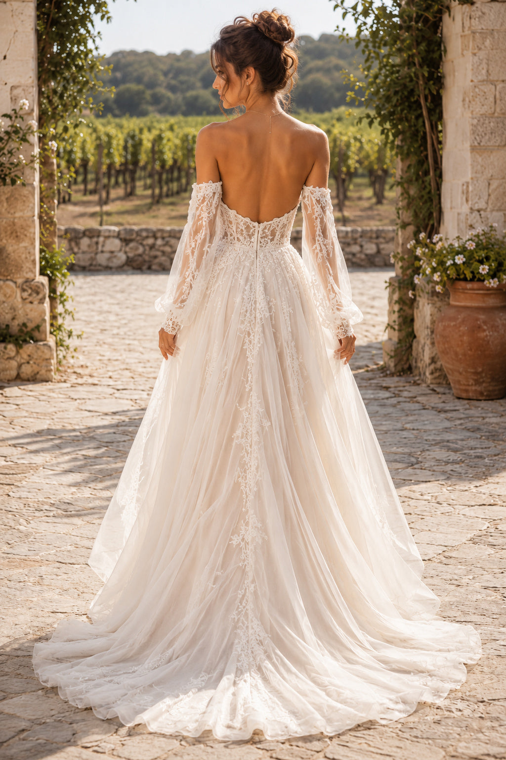 Ivory Sexy Off-the-Shoulder A-Line Soft Tulle Wedding Dress with Detached Long Sleeves and Sweep Train back view