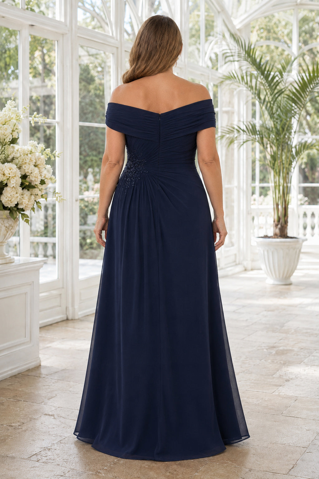 Dark Navy Off Shoulder Chiffon A-Line Mother Dress with Beaded Side Detail back view