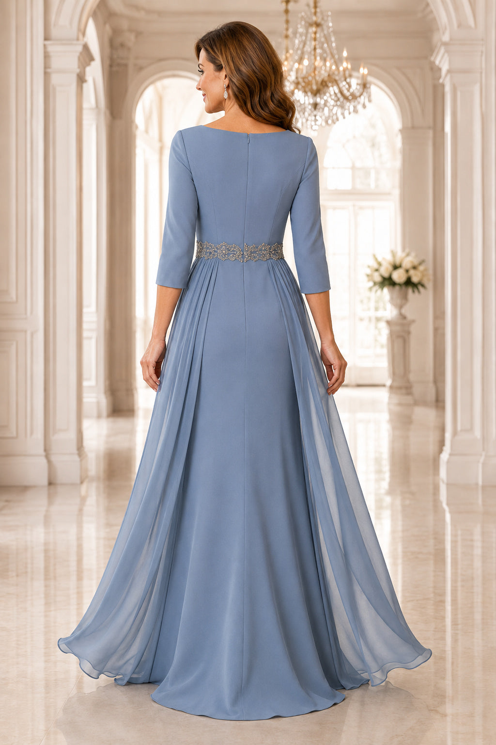 Steel Blue Jewel Neck A-Line Mother Dress with Three Quarter Sleeves and Chiffon Overlay back view