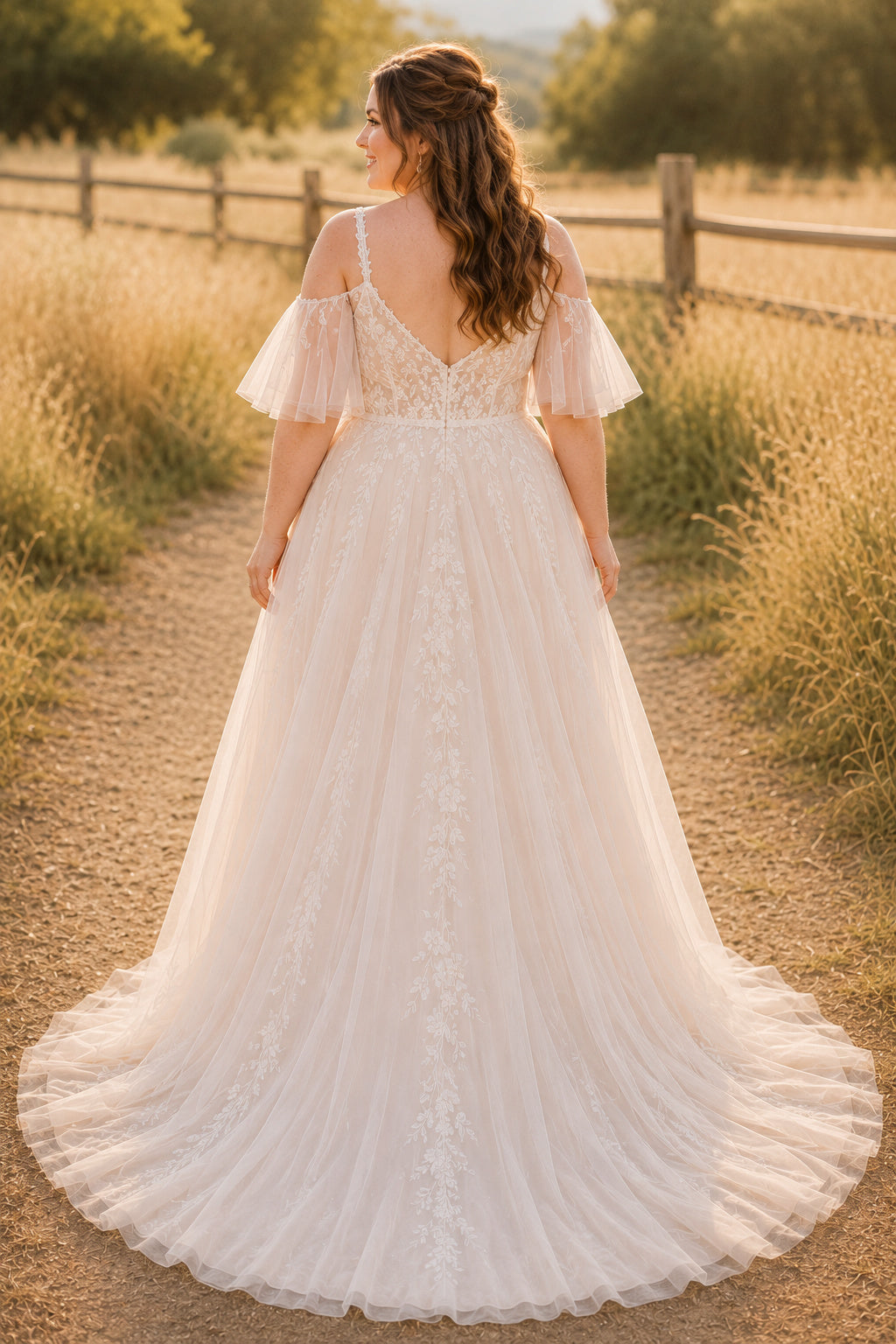 Plus Size Ivory V-Neck Tulle A-Line Wedding Dress with Flutter Sleeves back view