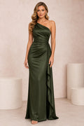 Dark Green One-Shoulder Satin Sheath Formal Dress with Side Draping and Floor Skirt front view