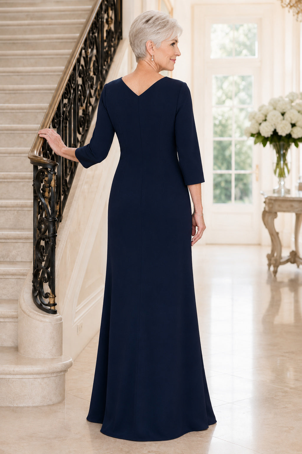 Dark Navy V-Neck Three-Quarter Sleeve Sheath Mother Dress with Wrap Bodice back view