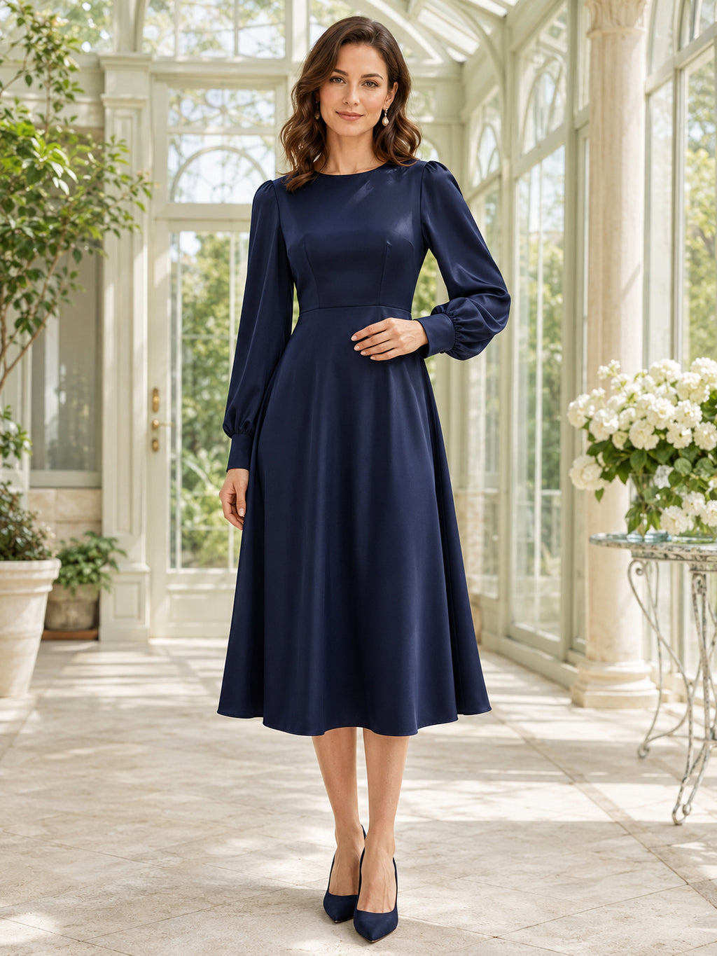 Navy long sleeve bishop A-line modest tea length dress front view