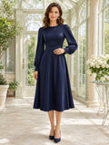 Navy long sleeve bishop A-line modest tea length dress front view