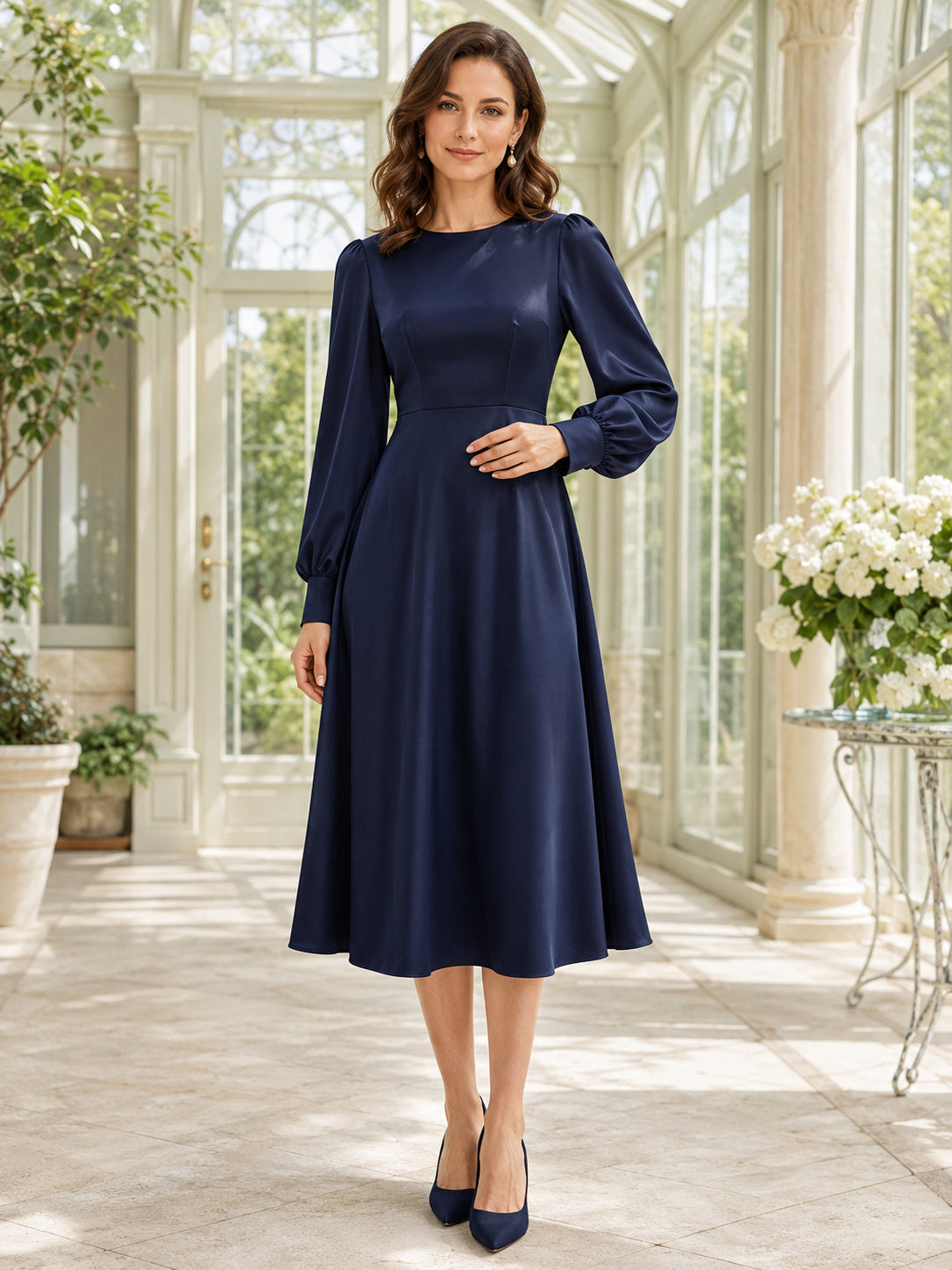 Navy long sleeve bishop A-line modest tea length dress front view