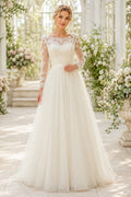 Ivory Long Sleeve Lace A-Line Wedding Dress with Bateau Illusion Neck front view