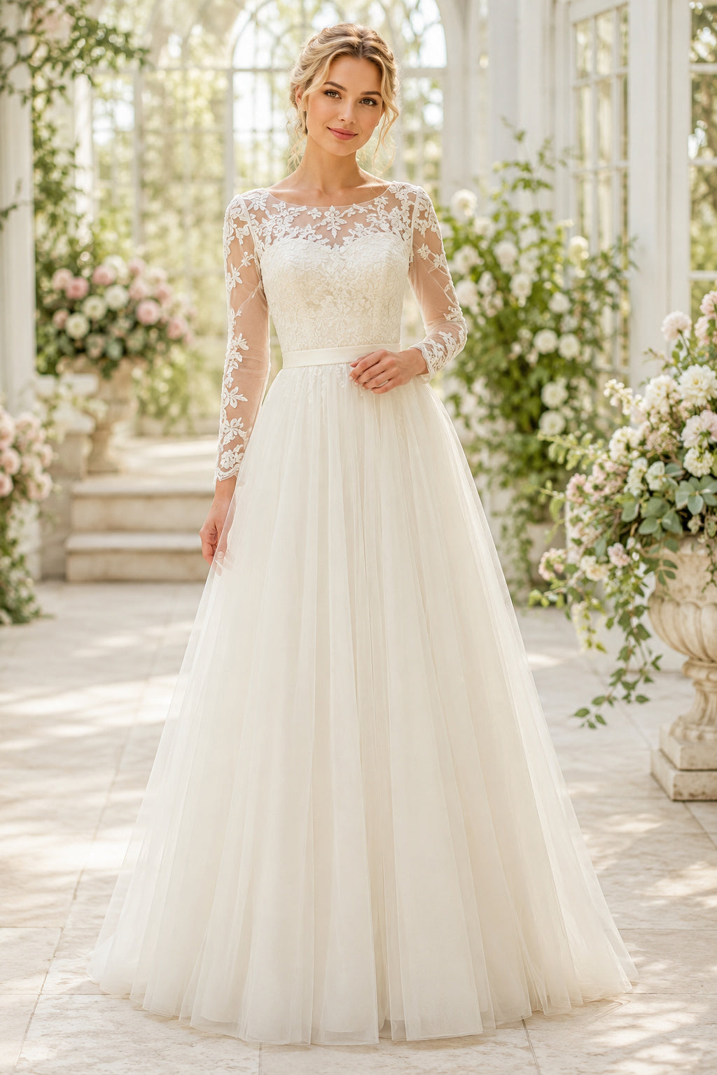 Ivory Long Sleeve Lace A-Line Wedding Dress with Bateau Illusion Neck front view