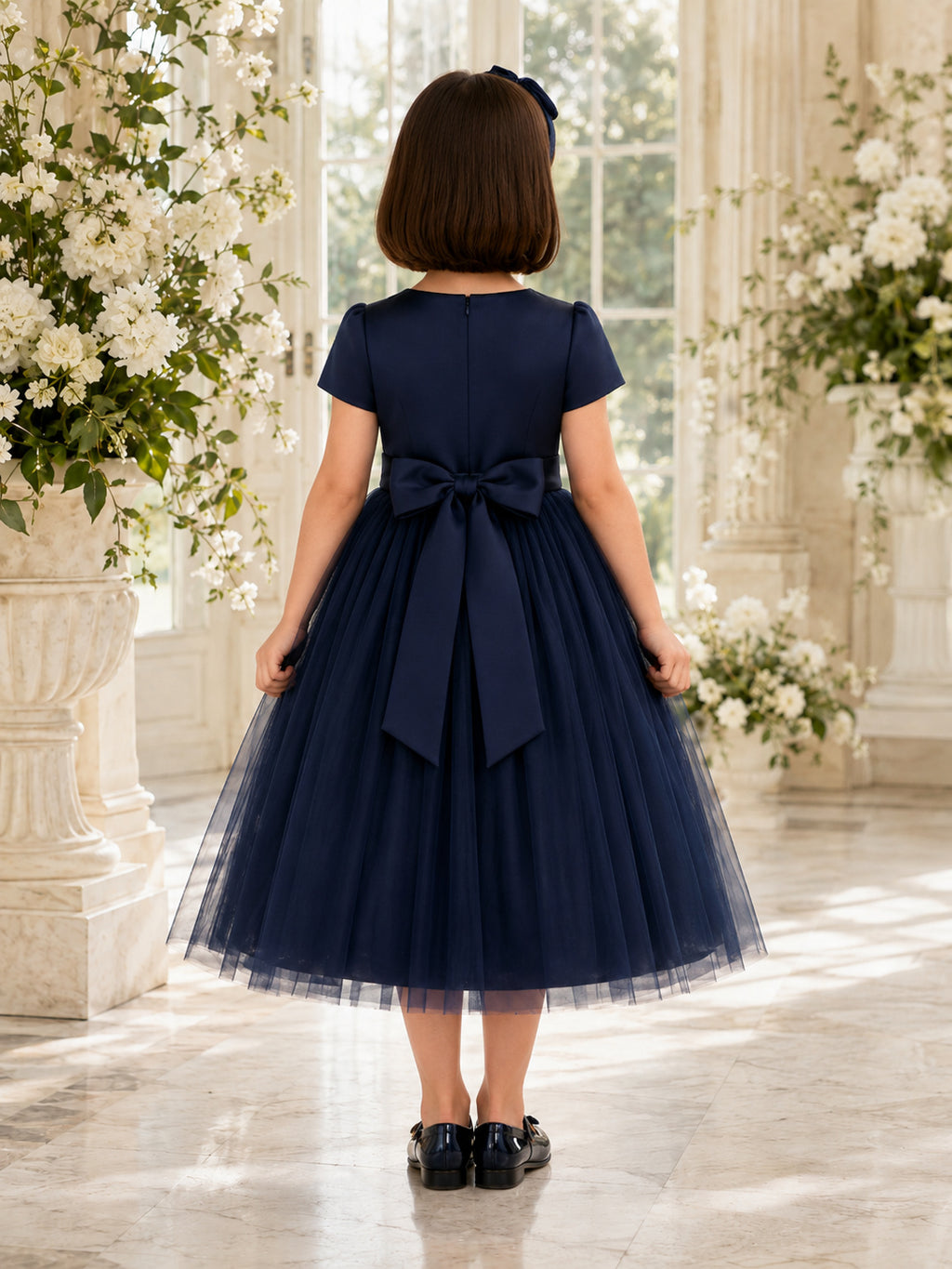Flower Girl Dress Dark Navy Tulle A-Line Short Sleeve Jewel Neck Tea Length Bow Back back view