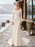Champagne Winter Square Neck Crepe Sheath Lodge Bridal Gown front view