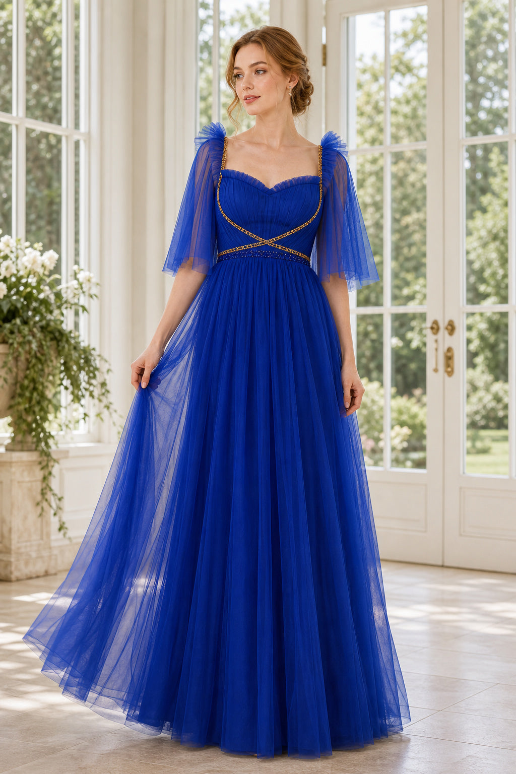 Royal Blue Sweetheart A-Line Tulle Floor-Length Dress With Sheer Puff Sleeves